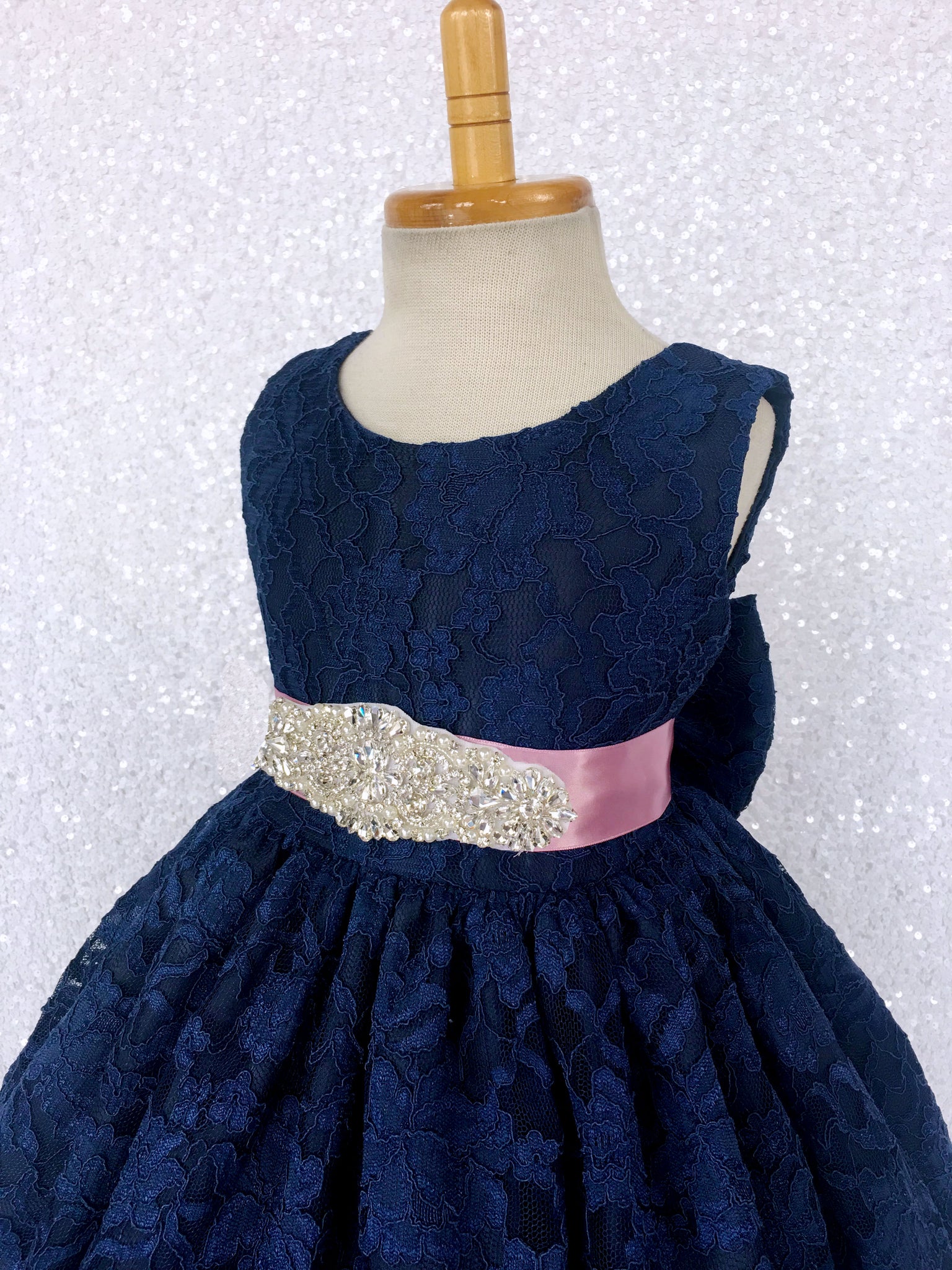 Navy French Lace V-Back Sleeveless Dress Bow White Rhinestone Sash