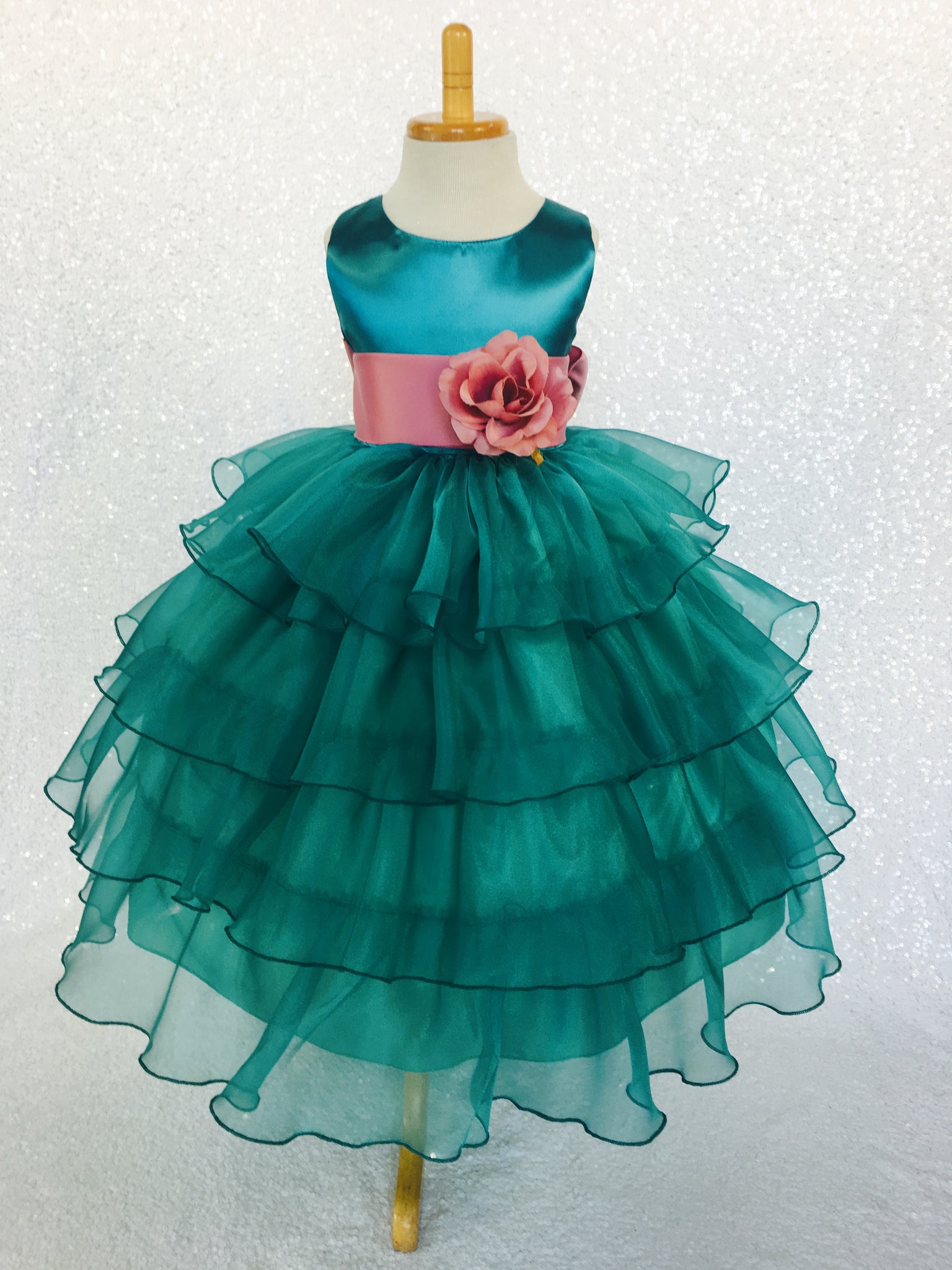 Teal Organza Ruffle Sleeveless Satin Dress