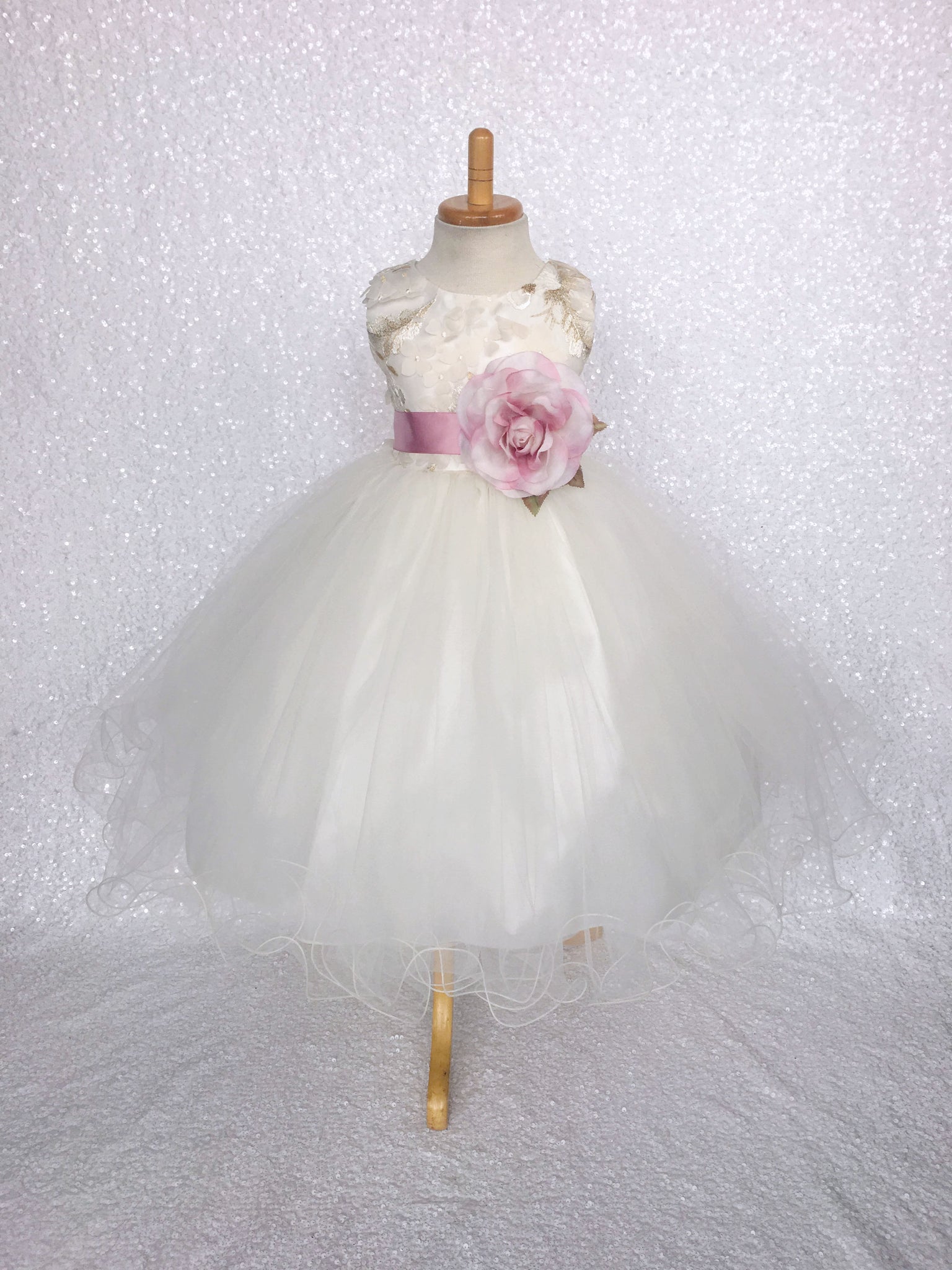 FL Off White Ivory 3D Floral Gold Embroidery 2 Layer Tulle Dress Flower Ribbon