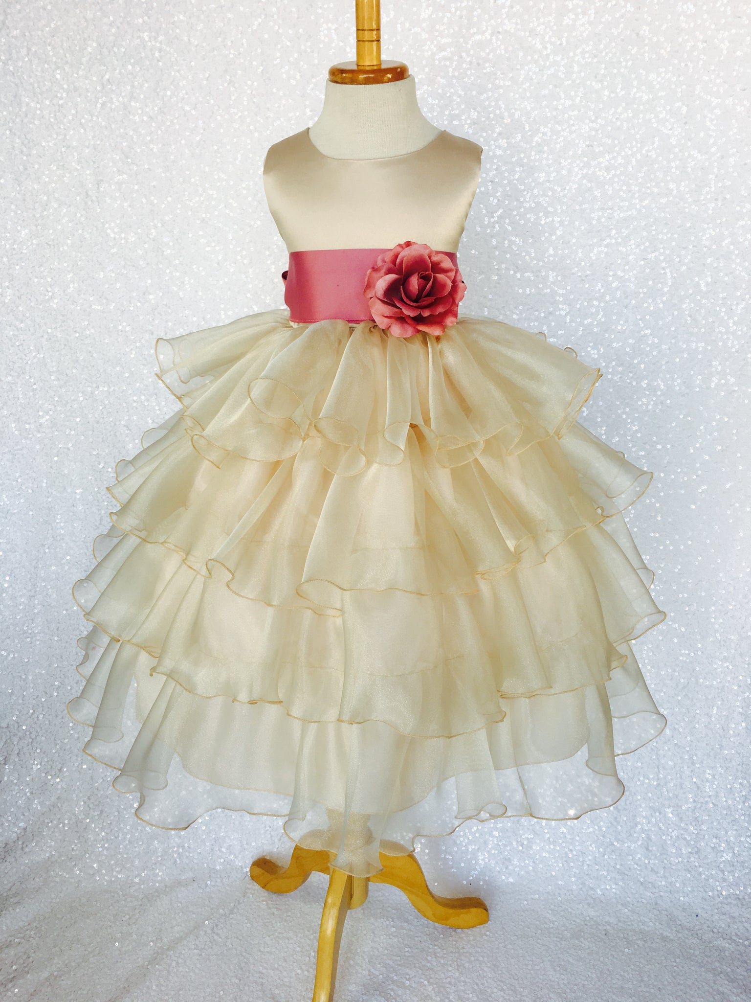 Champagne Sleeveless Satin Organza Ruffle Dress