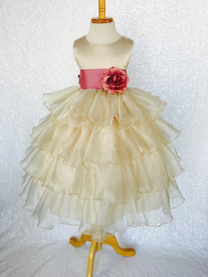 Champagne Sleeveless Satin Organza Ruffle Dress