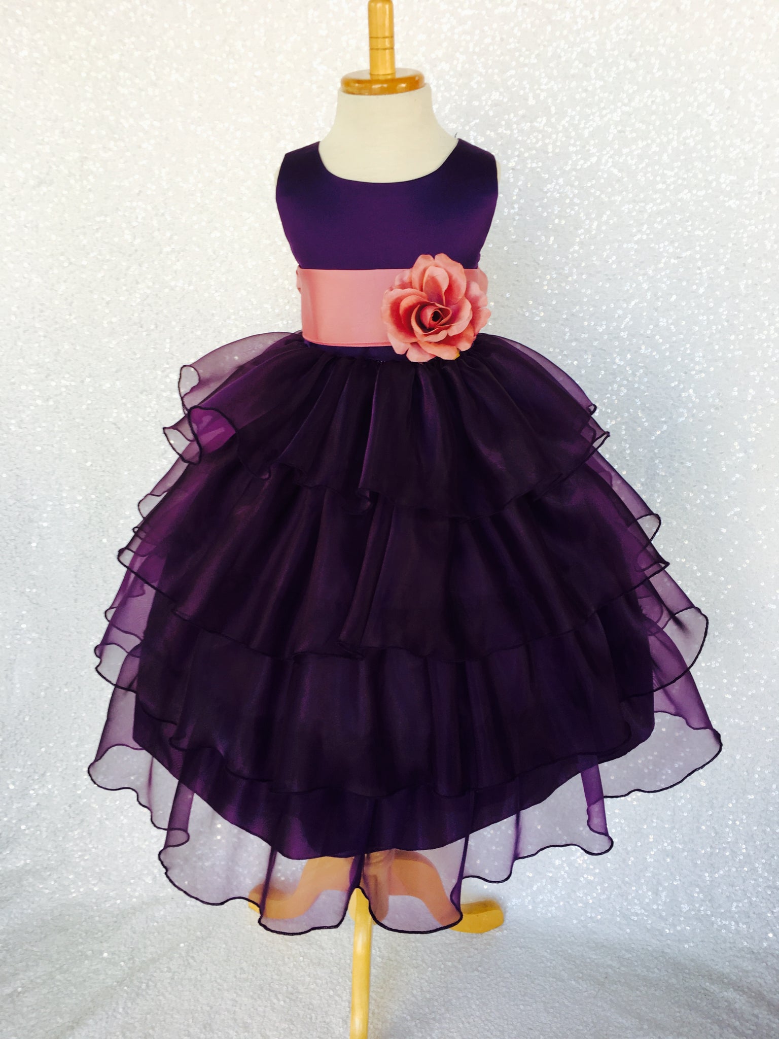 Plum Sleeveless Satin Organza Ruffle Dress