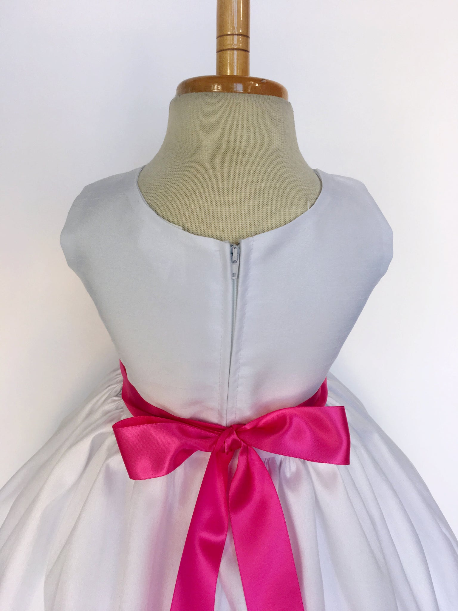 White Vintage Shantung Dress Fuchsia Ribbon Flower