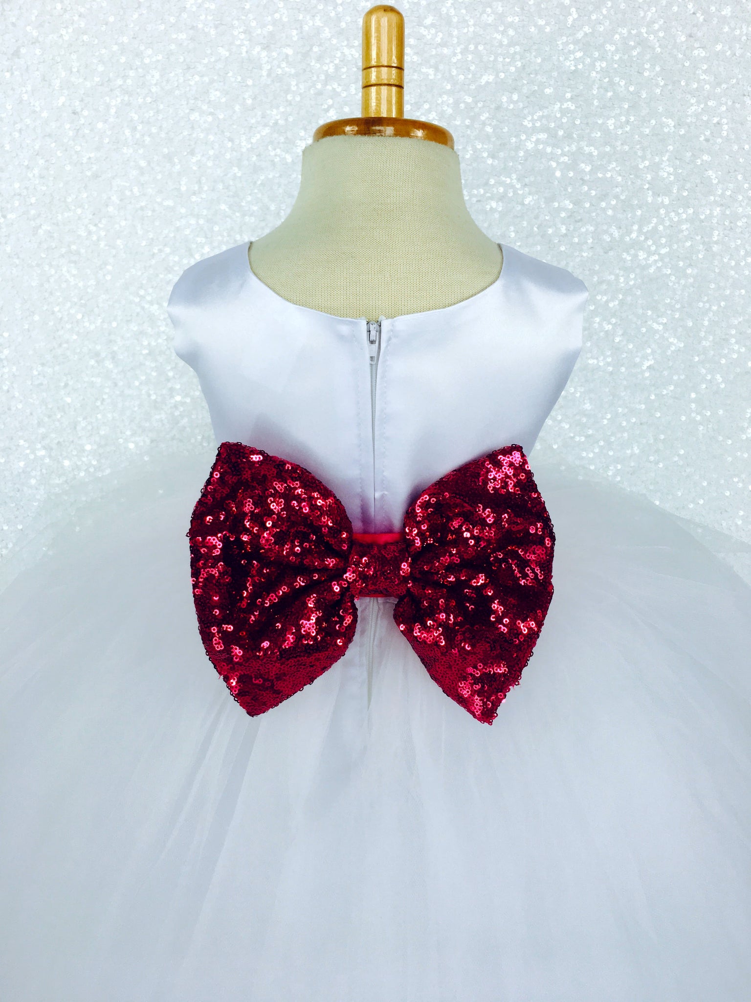 Sleeveless White 4 Layer Tulle Princess Dress Sequin Bow Ribbon