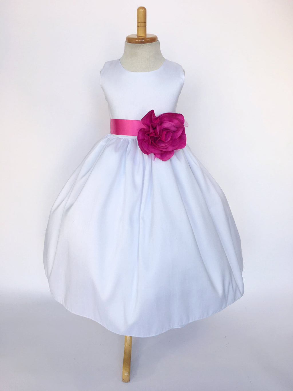 White Vintage Shantung Dress Fuchsia Ribbon Flower