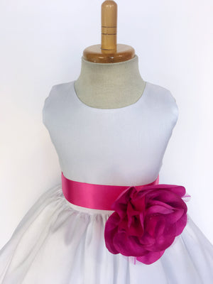 White Vintage Shantung Dress Fuchsia Ribbon Flower