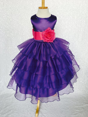 Purple Sleeveless Satin Organza Ruffle Dress