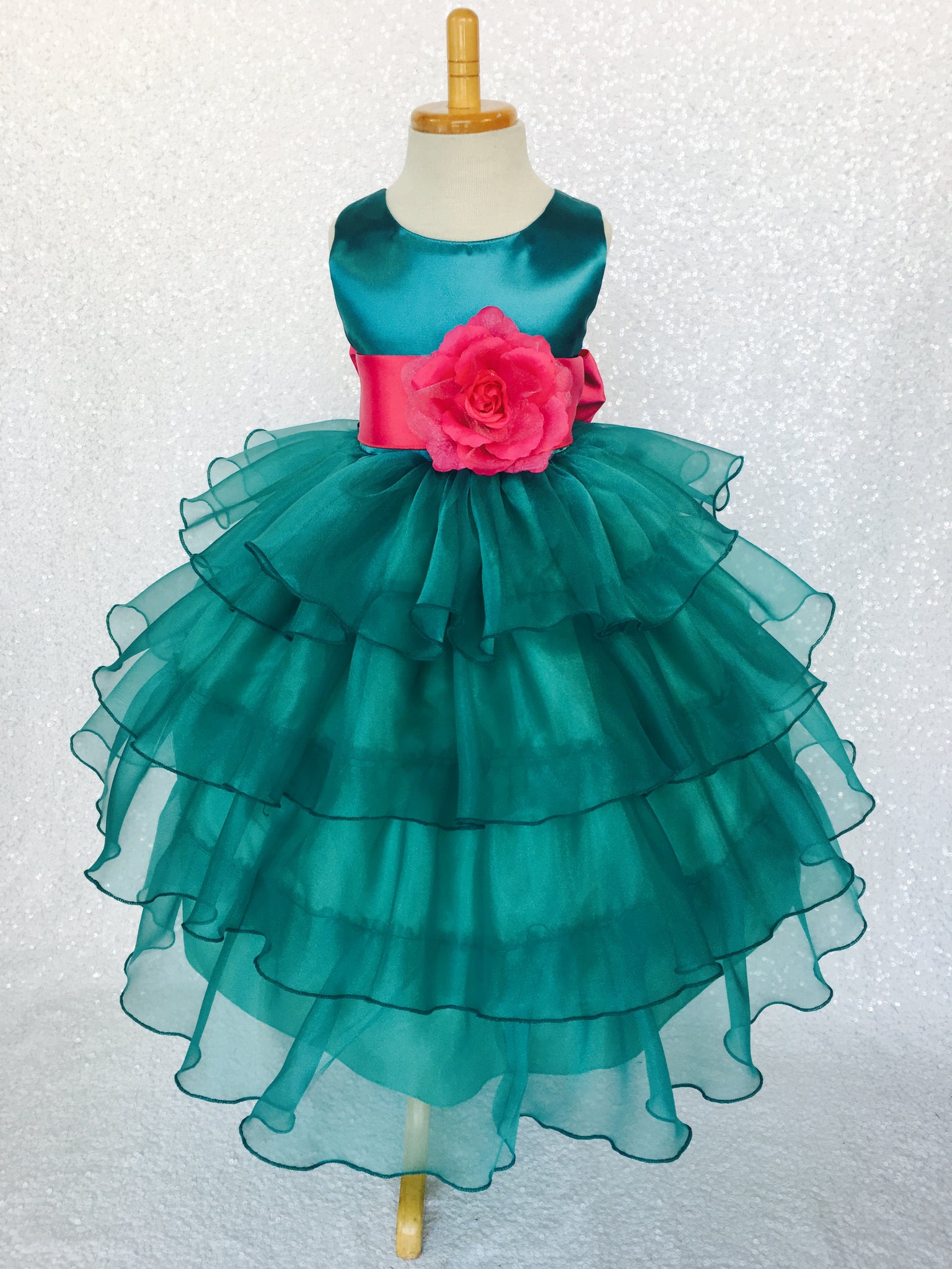 Teal Organza Ruffle Sleeveless Satin Dress