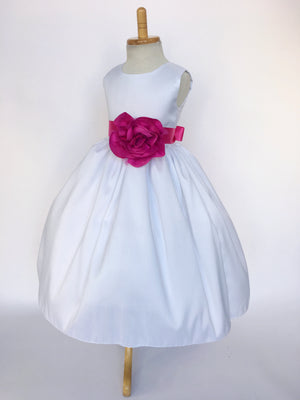 White Vintage Shantung Dress Fuchsia Ribbon Flower