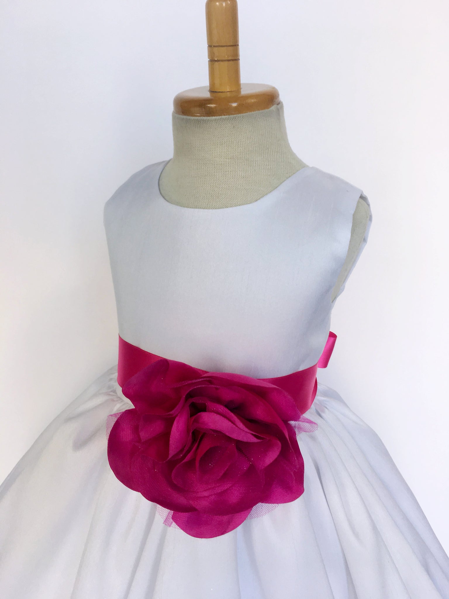 White Vintage Shantung Dress Fuchsia Ribbon Flower