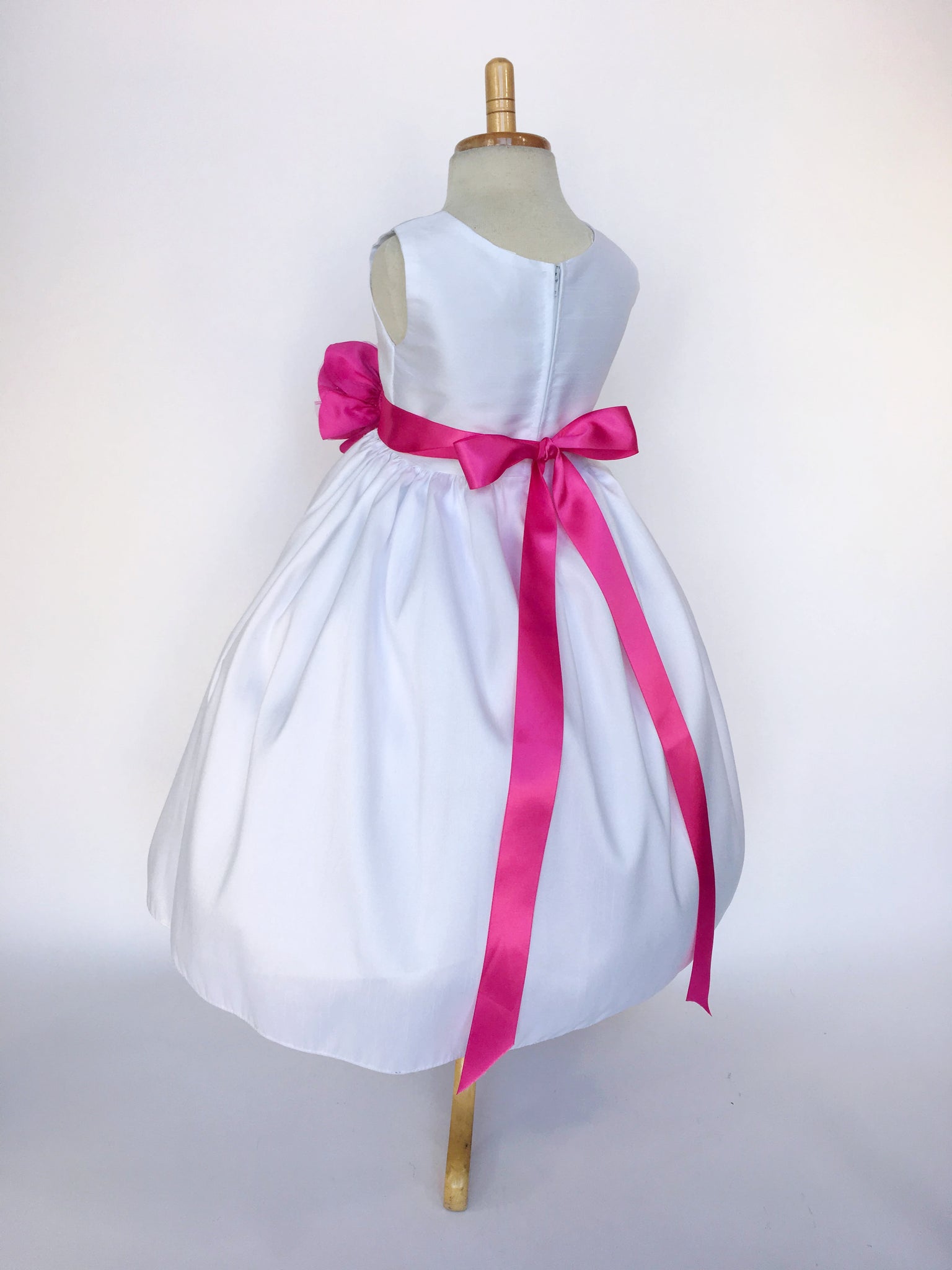 White Vintage Shantung Dress Fuchsia Ribbon Flower