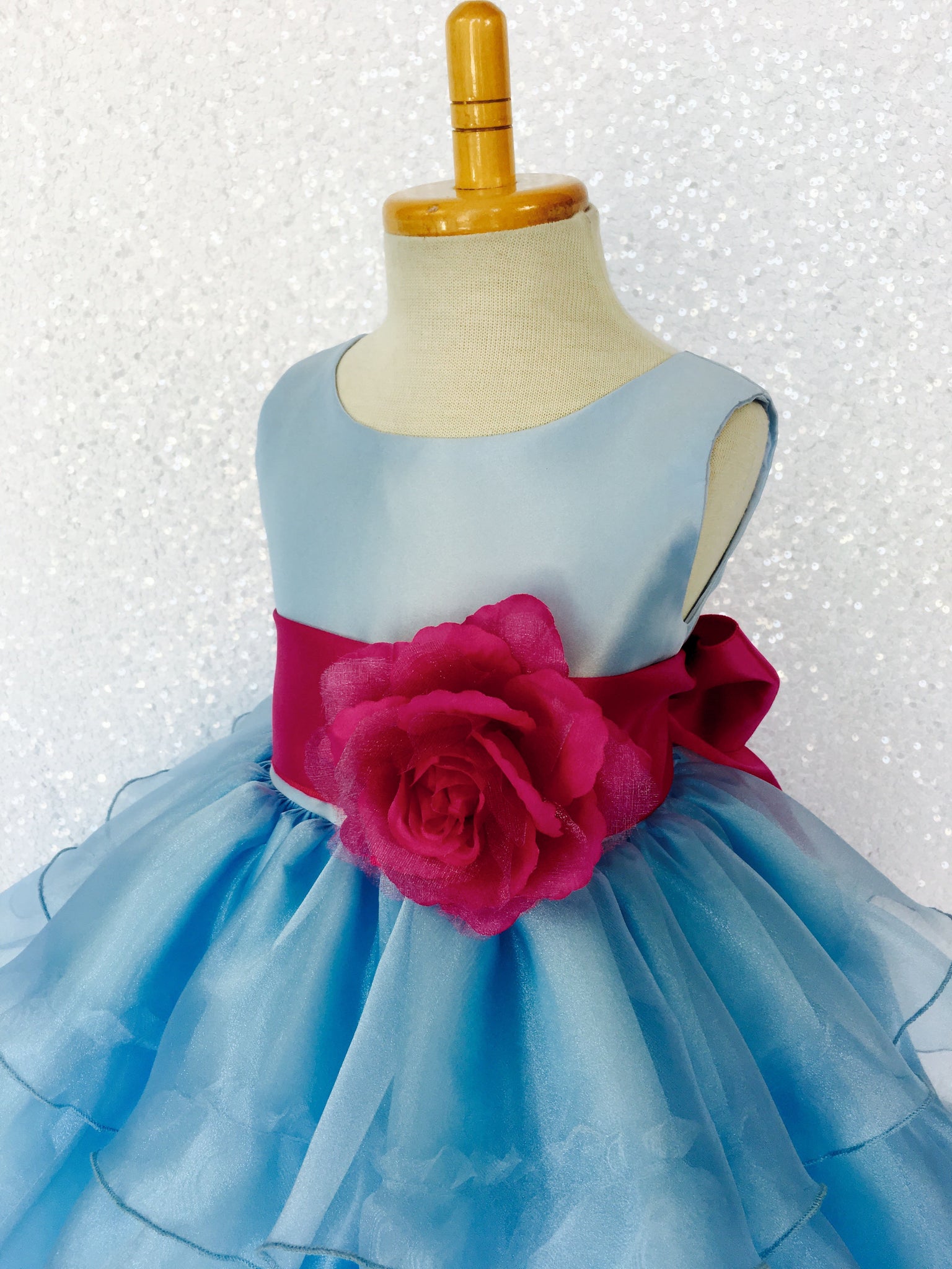 Baby Blue Sleeveless Satin Organza Ruffle Dress