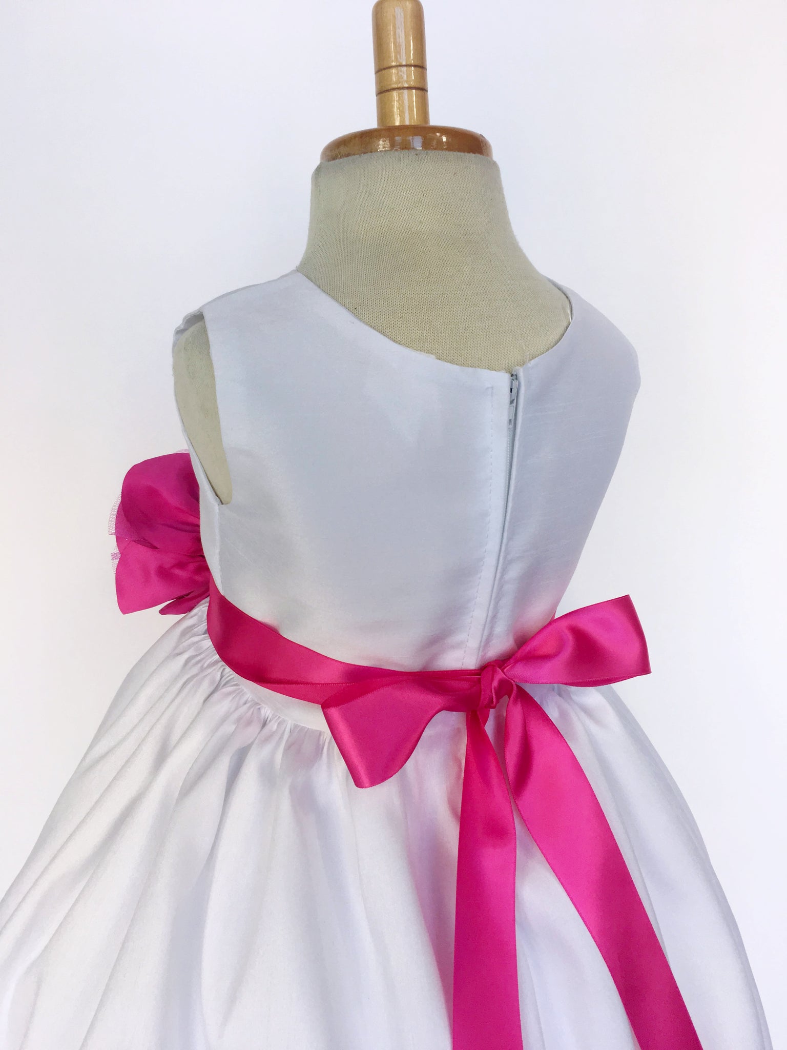 White Vintage Shantung Dress Fuchsia Ribbon Flower