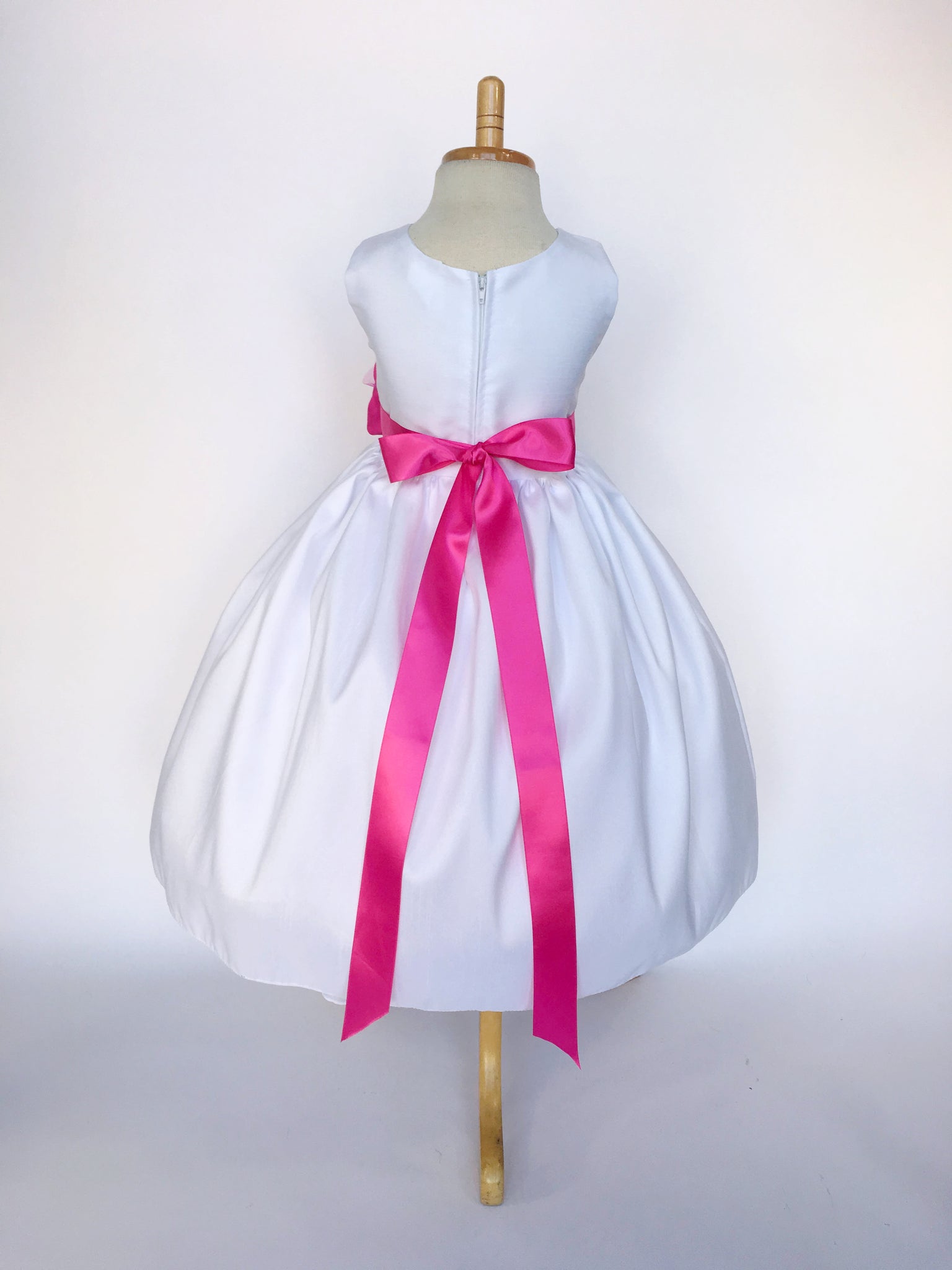 White Vintage Shantung Dress Fuchsia Ribbon Flower