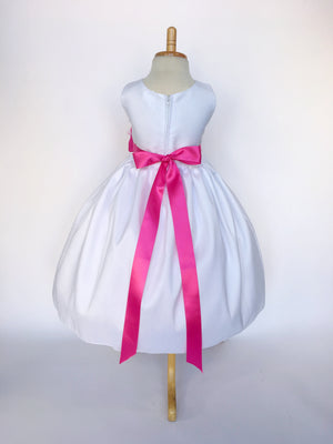 White Vintage Shantung Dress Fuchsia Ribbon Flower