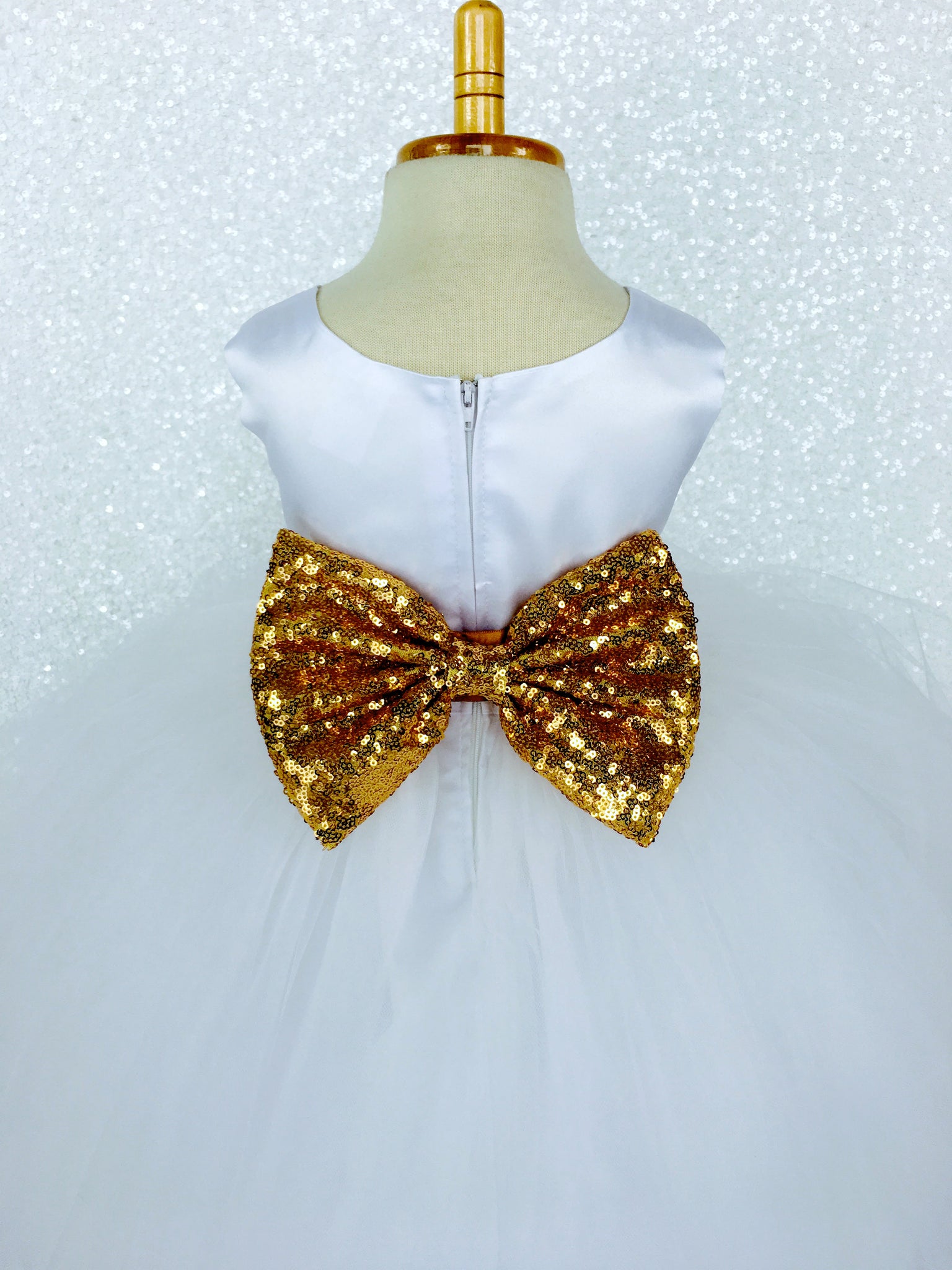 Sleeveless White 4 Layer Tulle Princess Dress Sequin Bow Ribbon