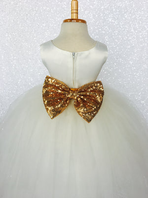 Sleeveless Ivory 4 Layer Tulle Princess Dress Sequin Bow Ribbon