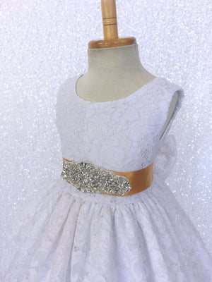 White French Lace V-Back Sleeveless Dress Rhinestone Sash Bow