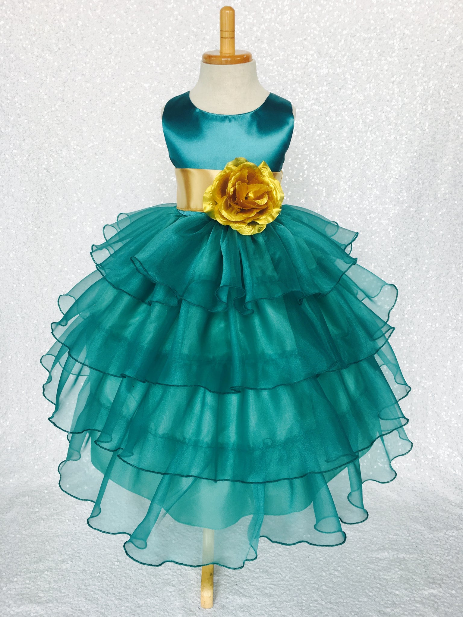 Teal Organza Ruffle Sleeveless Satin Dress