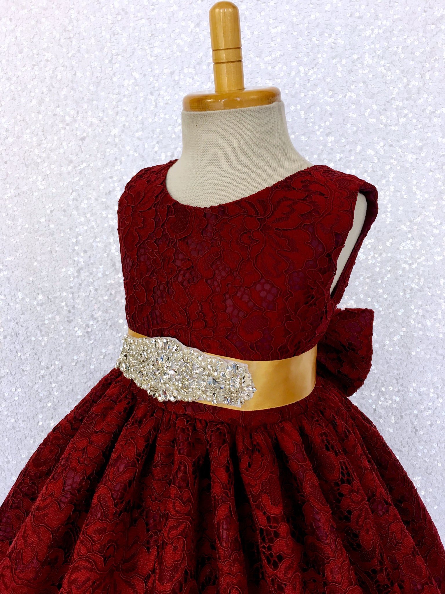 Burgundy French Lace V-Back Sleeveless Dress Bow Rhinestone White Sash