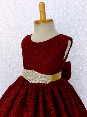 Burgundy French Lace V-Back Sleeveless Dress Bow Rhinestone White Sash