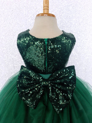 Hunter Green 2 Layer Tulle Dress Gold Sequin Bow