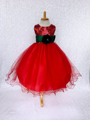 Red Mini Sequin 2 Layer Tulle Gown Olive Green Sash Flower