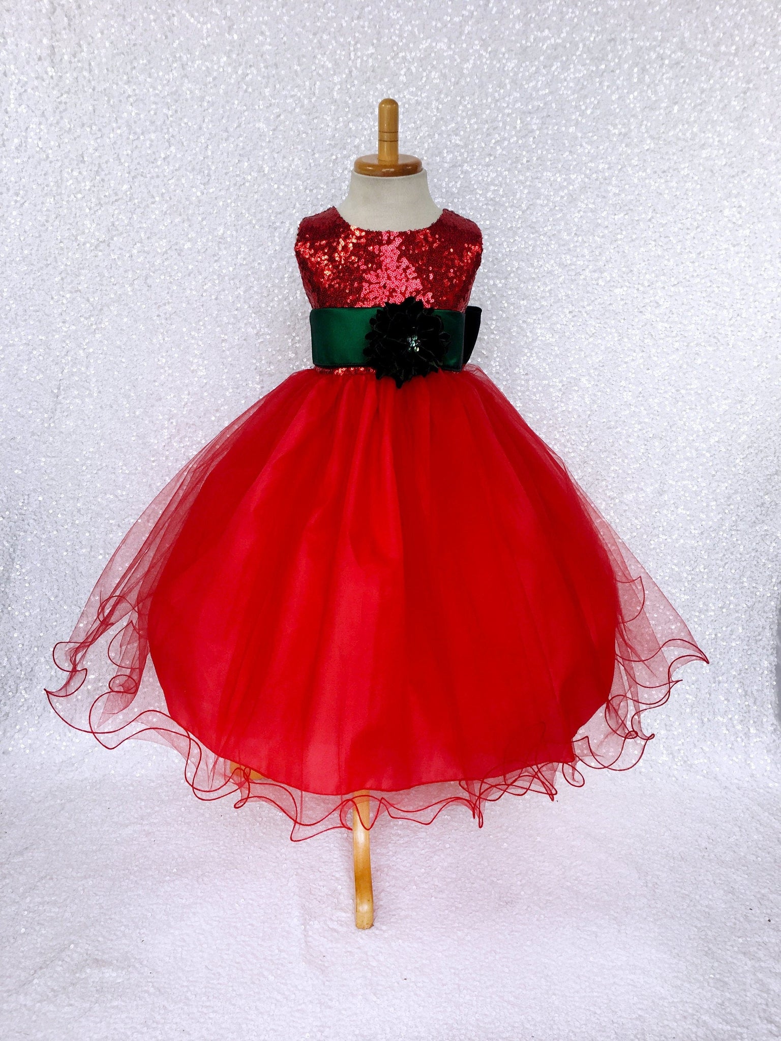 Sequence Fishing Line Tulle Red Dress Brown Sash Velvet Flower