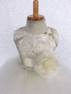 FL Off White Ivory 3D Floral Gold Embroidery 2 Layer Tulle Dress Flower Ribbon