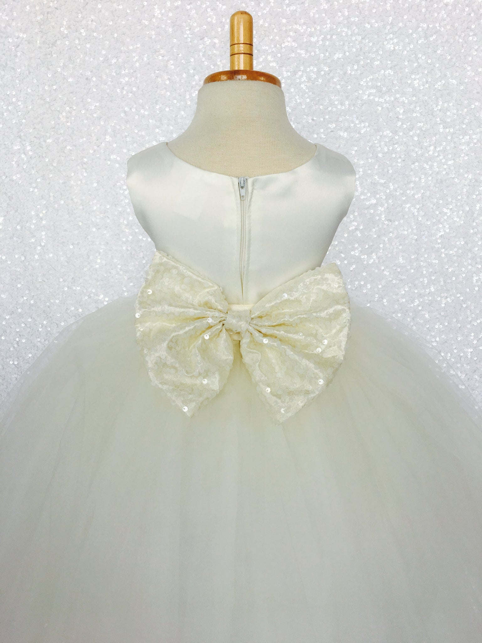 Sleeveless Ivory 4 Layer Tulle Princess Dress Burgundy Sequin Bow Ribbon