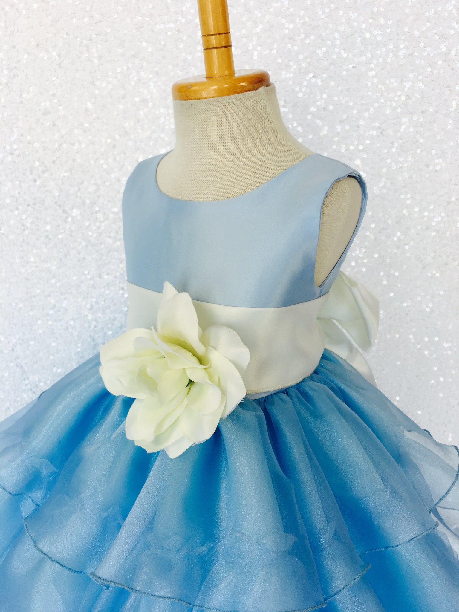 Baby Blue Sleeveless Satin Organza Ruffle Dress