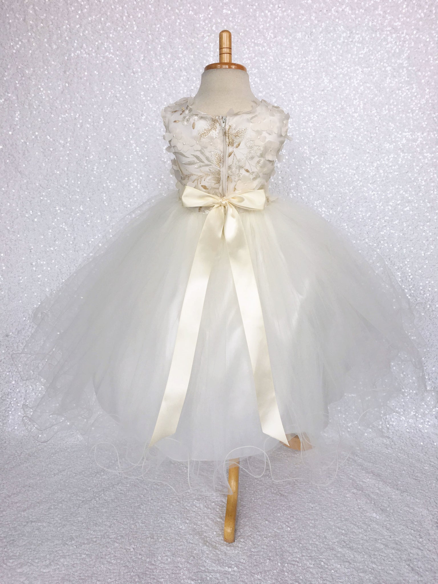 FL Off White Ivory 3D Floral Gold Embroidery 2 Layer Tulle Dress Flower Ribbon