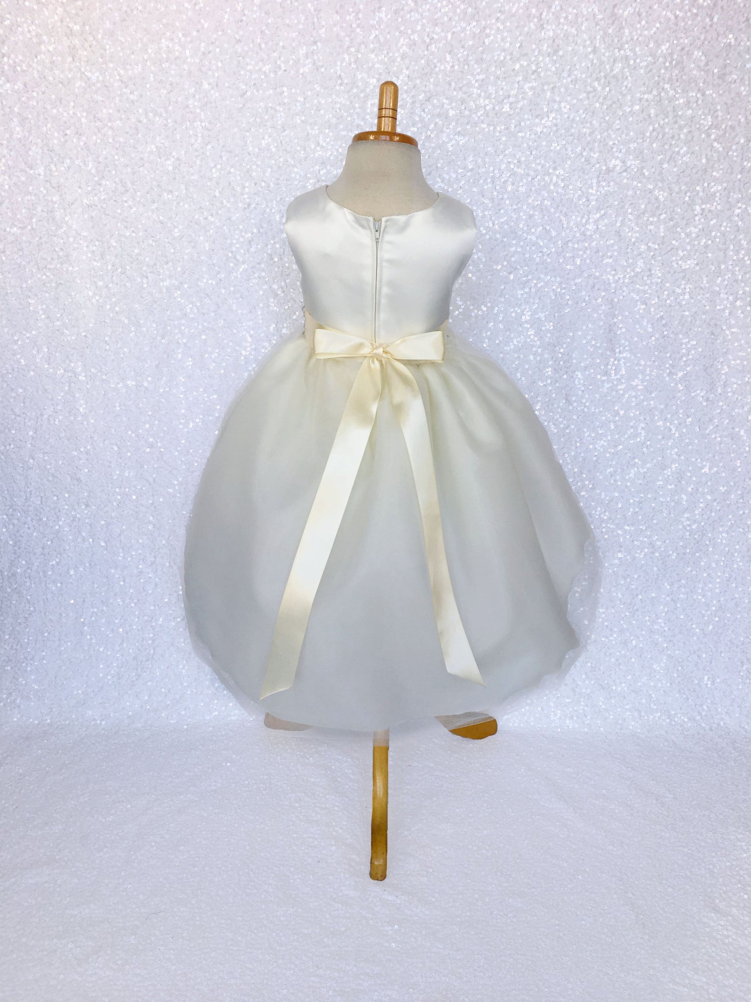 Ivory Satin High Low 4 Layer Tulle Dress Sequin Ribbon