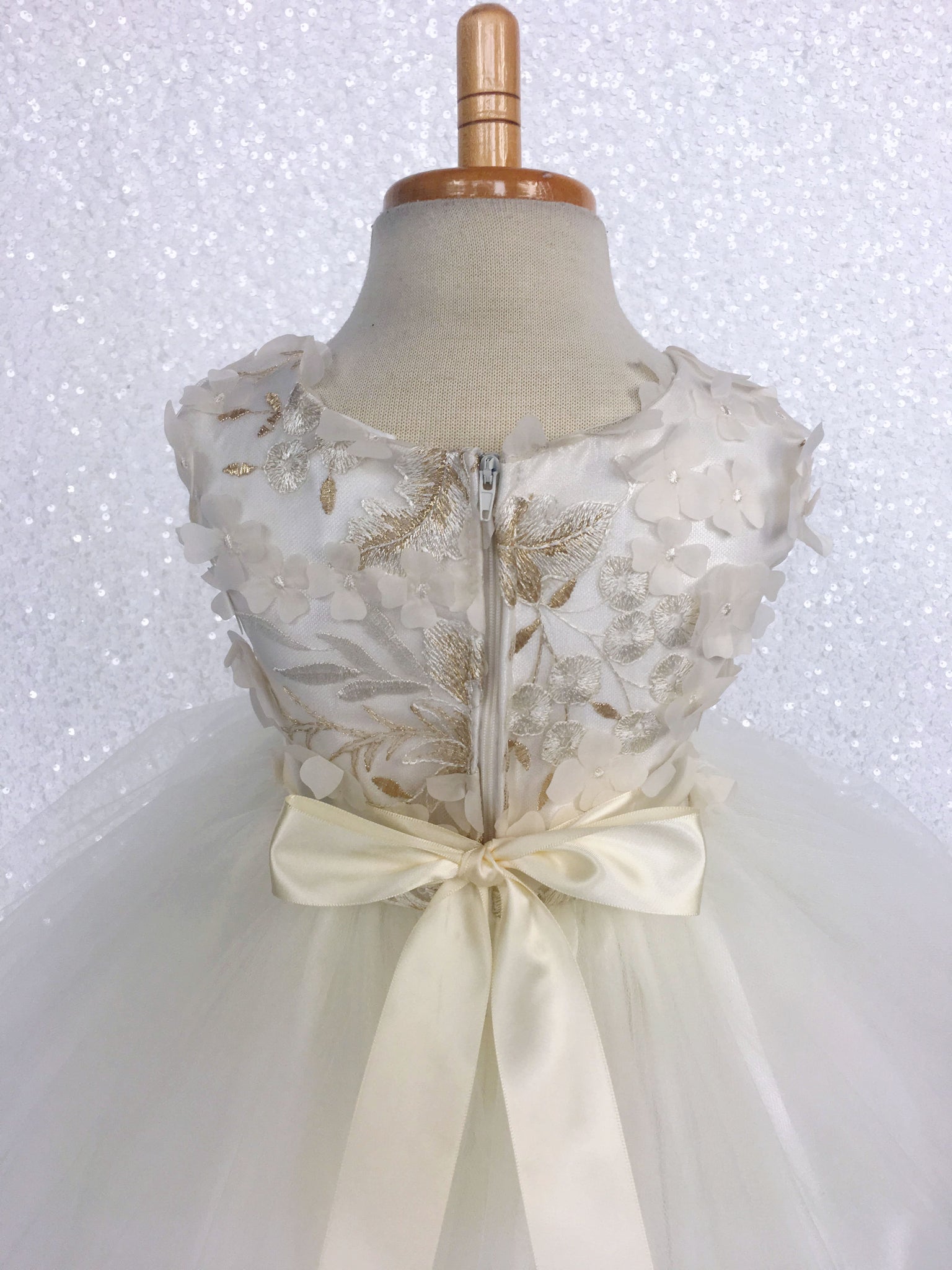 FL Off White Ivory 3D Floral Gold Embroidery 2 Layer Tulle Dress Flower Ribbon