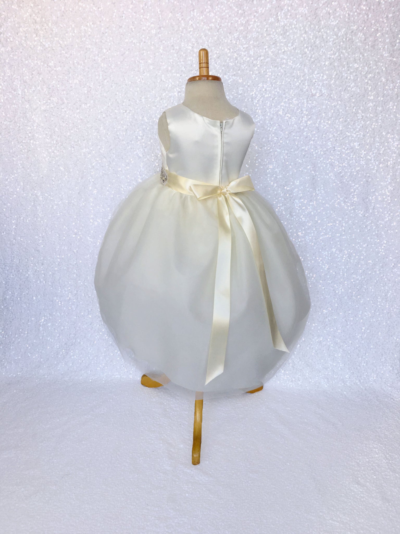 Ivory Satin High Low 4 Layer Tulle Dress Sequin Ribbon