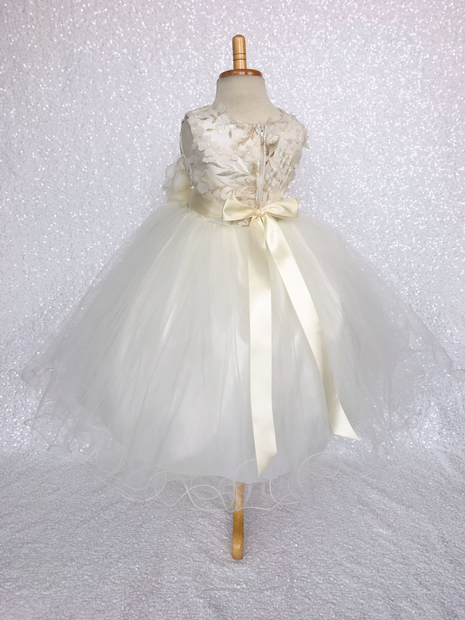 FL Off White Ivory 3D Floral Gold Embroidery 2 Layer Tulle Dress Flower Ribbon