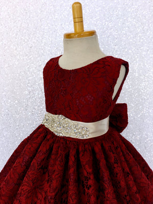 Burgundy French Lace V-Back Sleeveless Dress Bow Rhinestone White Sash