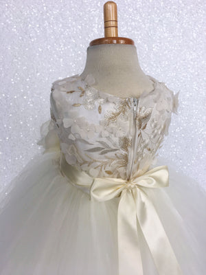 FL Off White Ivory 3D Floral Gold Embroidery 2 Layer Tulle Dress Flower Ribbon