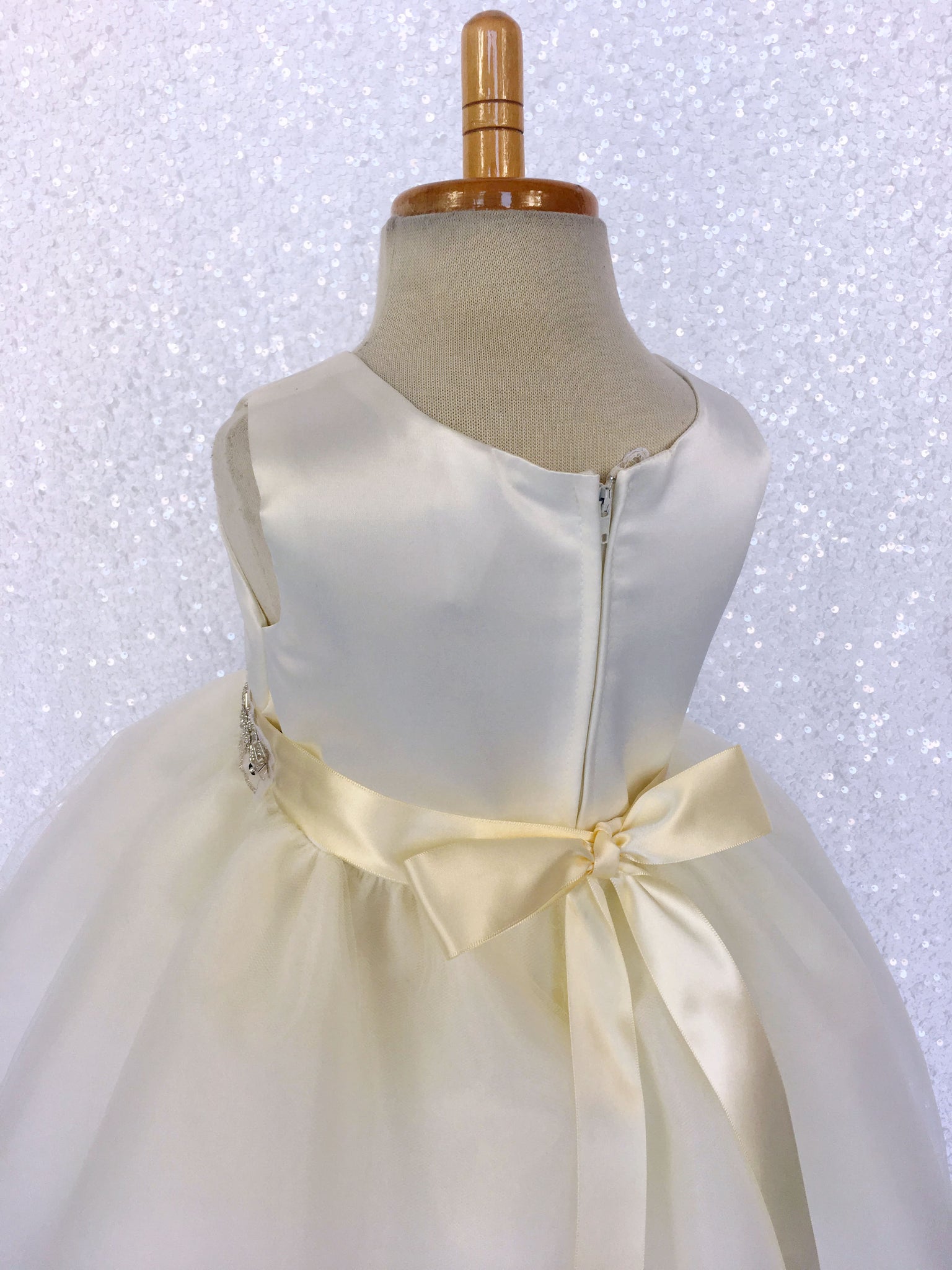 Ivory Satin High Low 4 Layer Tulle Dress Sequin Ribbon