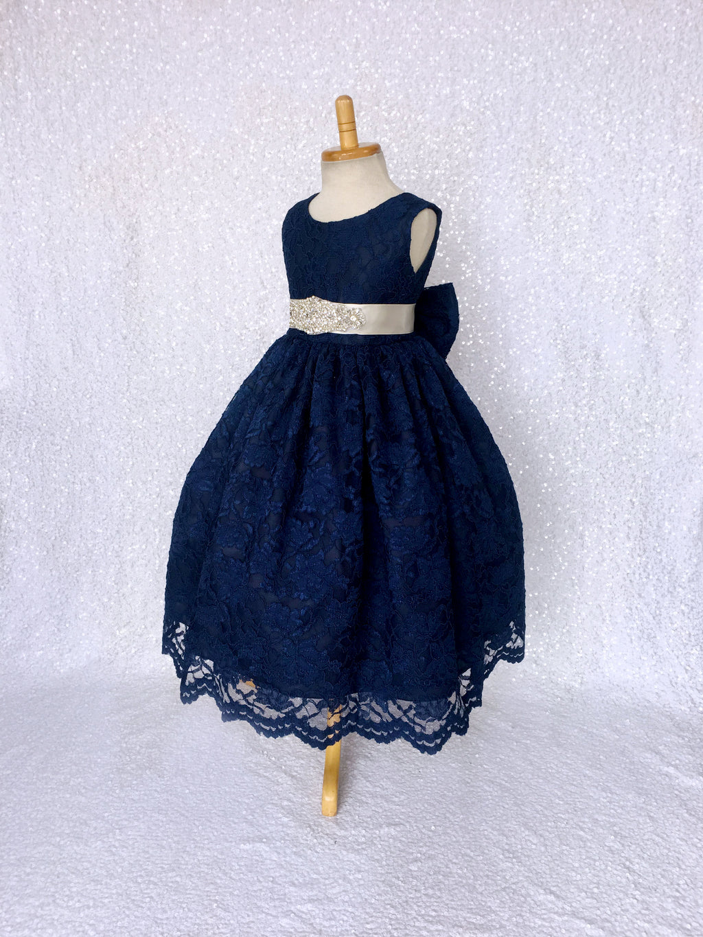 Navy French Lace V-Back Sleeveless Dress Bow Ivory Rhinestone Sash