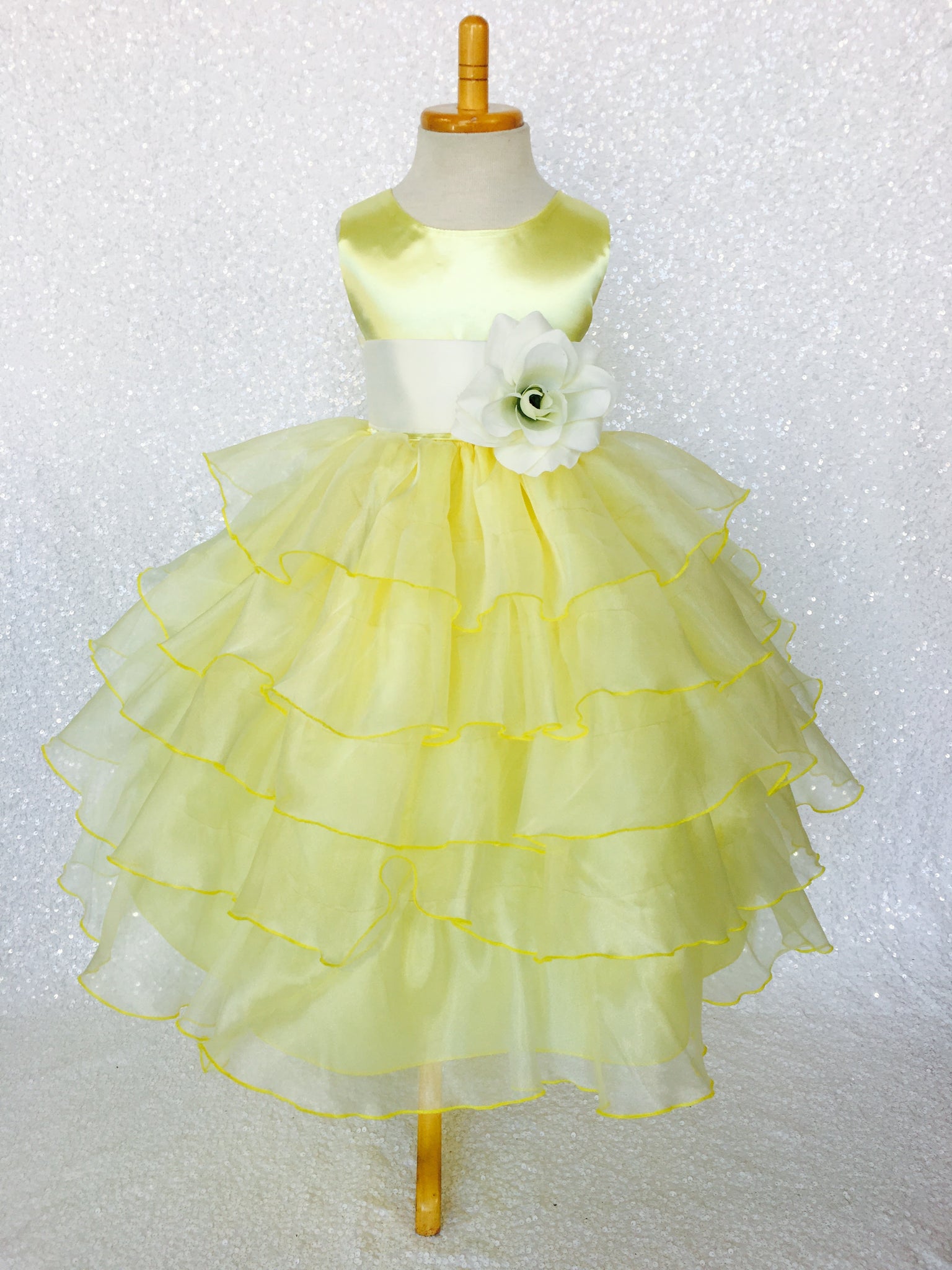 Canary Yellow Sleeveless Satin Organza Ruffle Dress