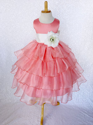 Coral Sleeveless Satin Organza Ruffle Dress