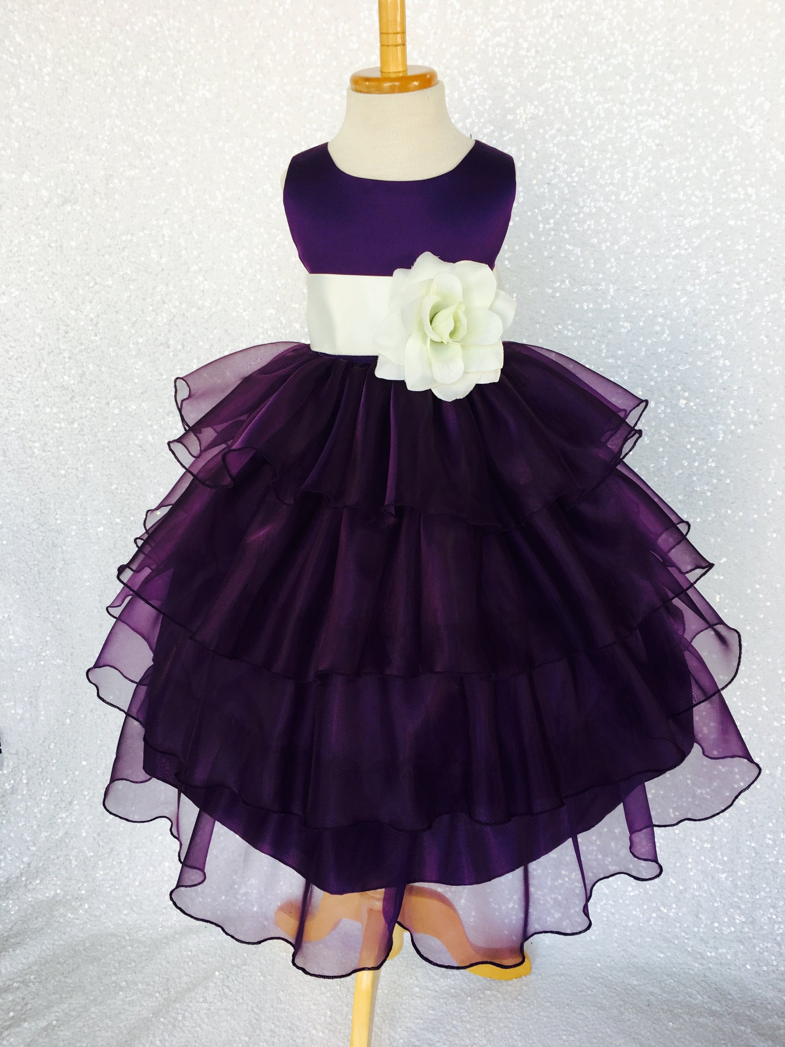 Sleeveless Satin Organza Ruffle Plum Dress Silver Sash Flower