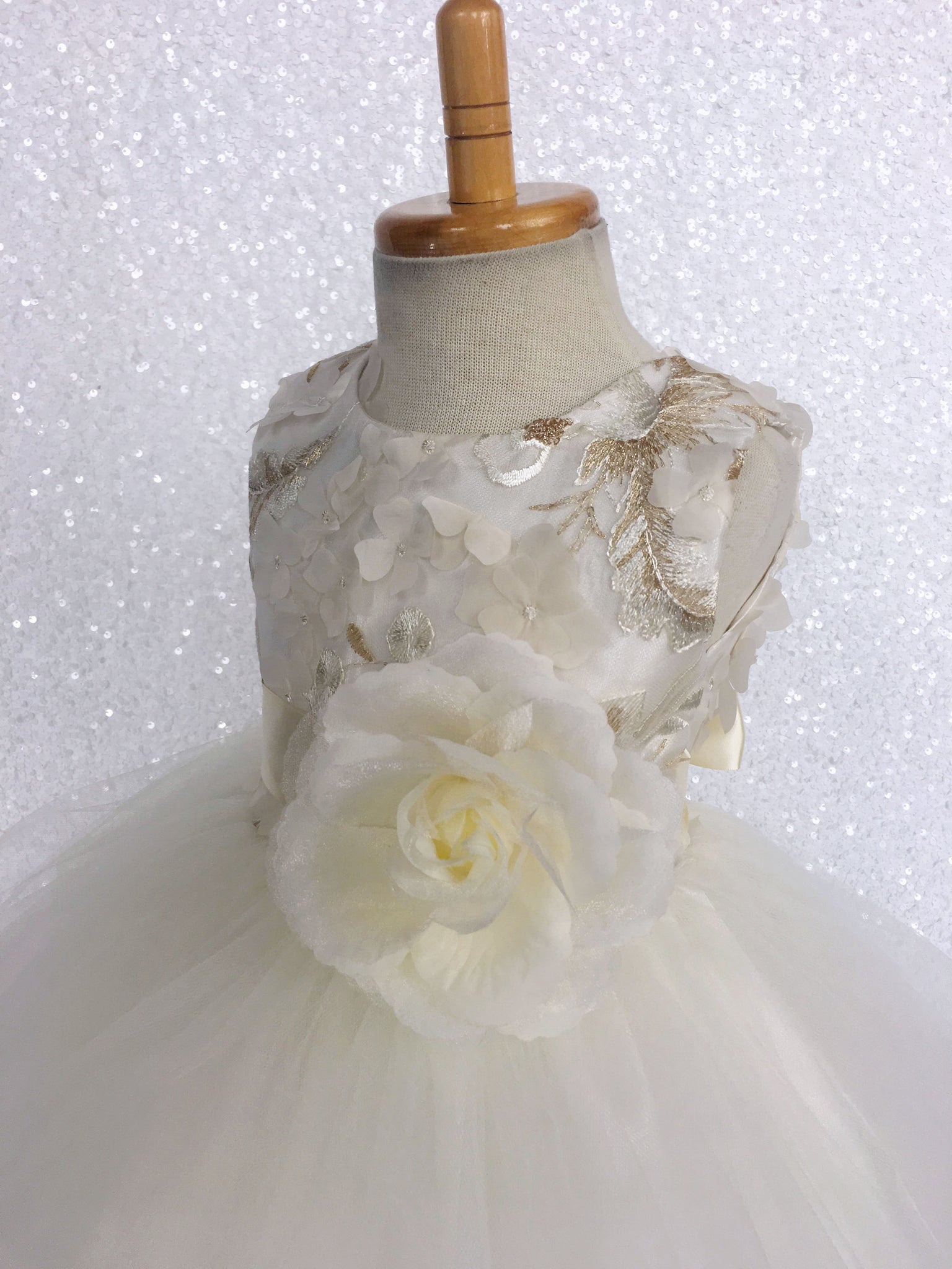 FL Off White Ivory 3D Floral Gold Embroidery 2 Layer Tulle Dress Flower Ribbon