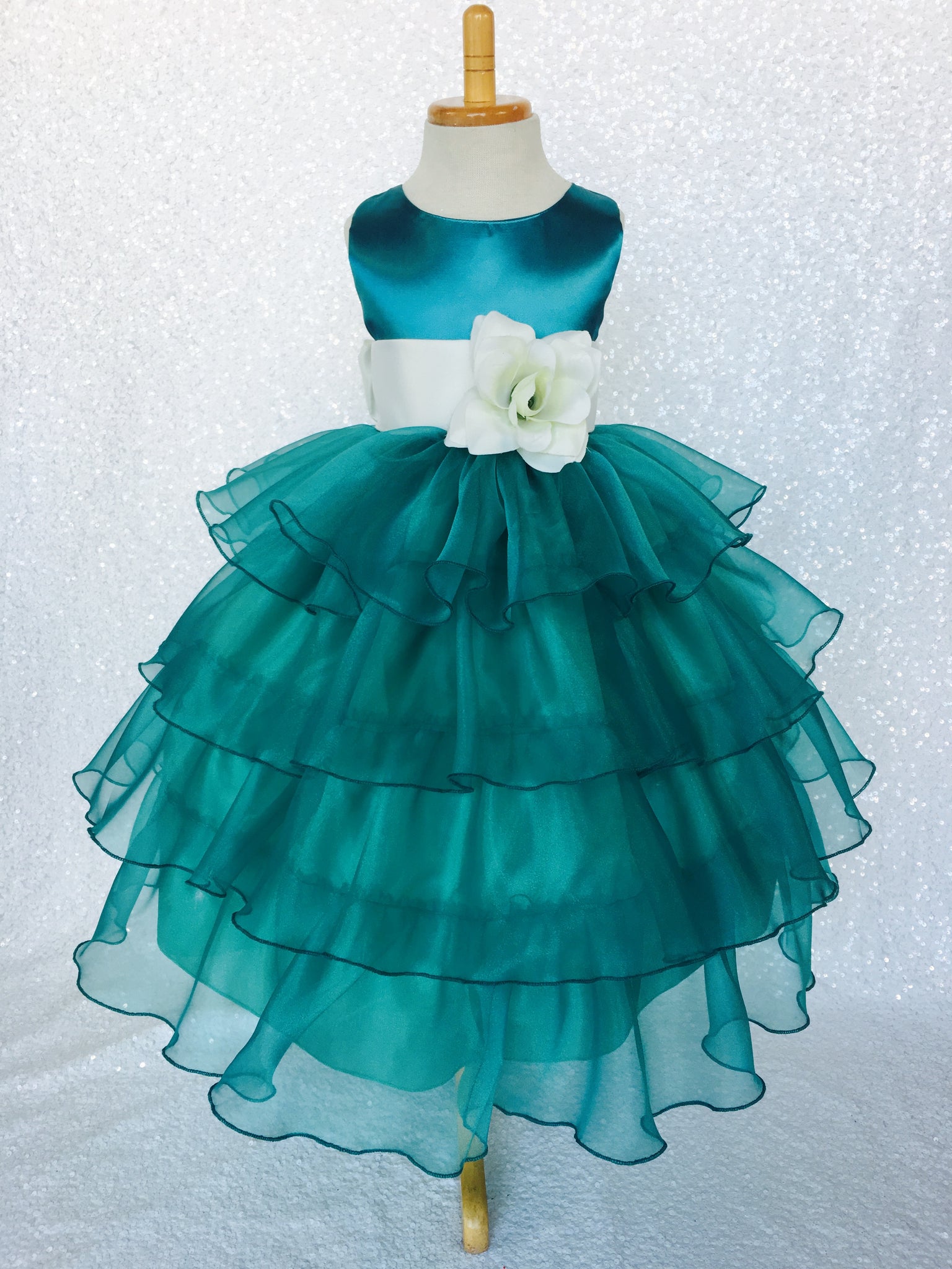 Teal Organza Ruffle Sleeveless Satin Dress Purple Sash Flower