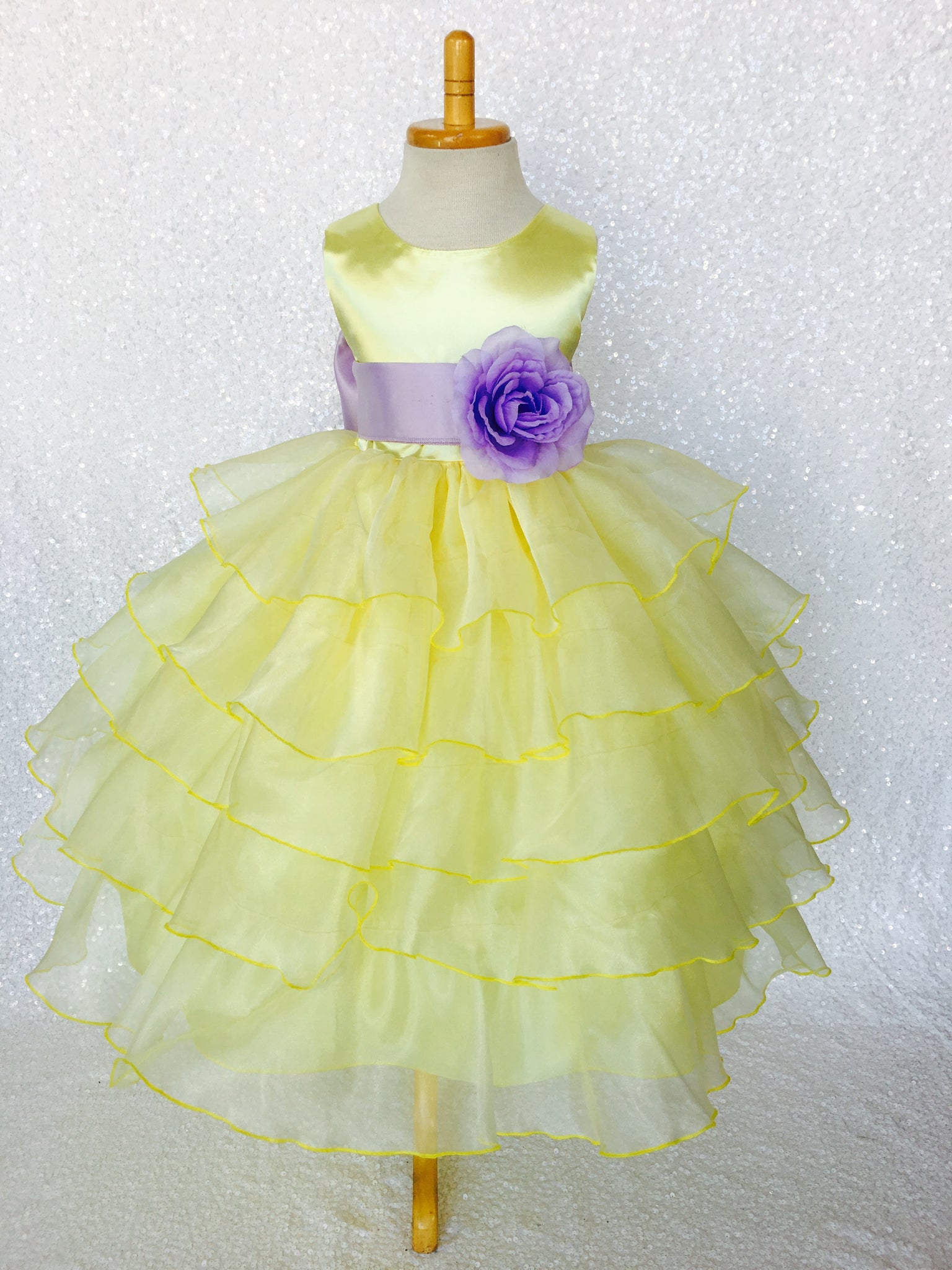 Canary Yellow Sleeveless Satin Organza Ruffle Dress