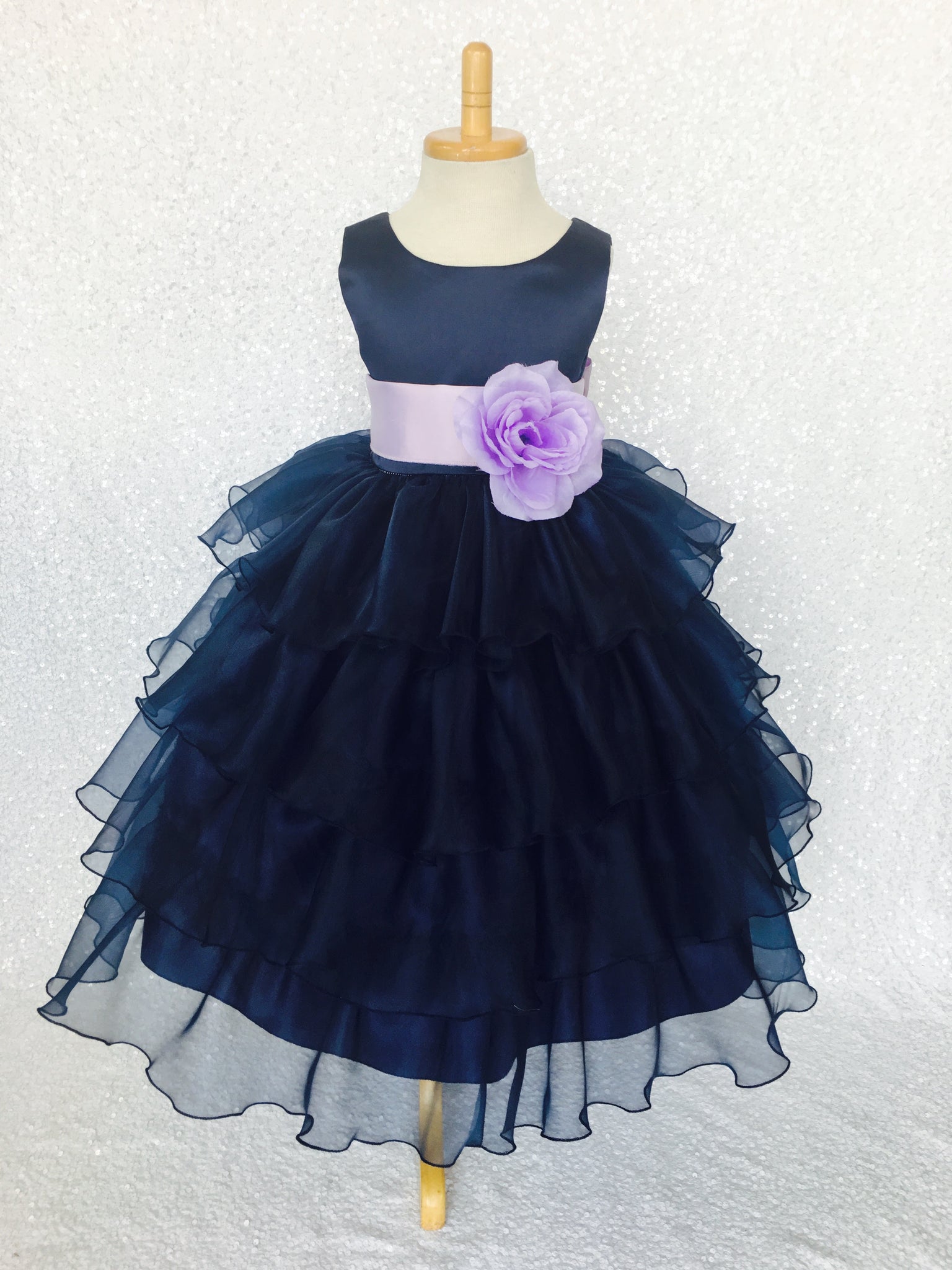 Navy Blue Sleeveless Satin Organza Ruffle Dress