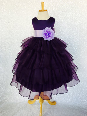 Plum Sleeveless Satin Organza Ruffle Dress