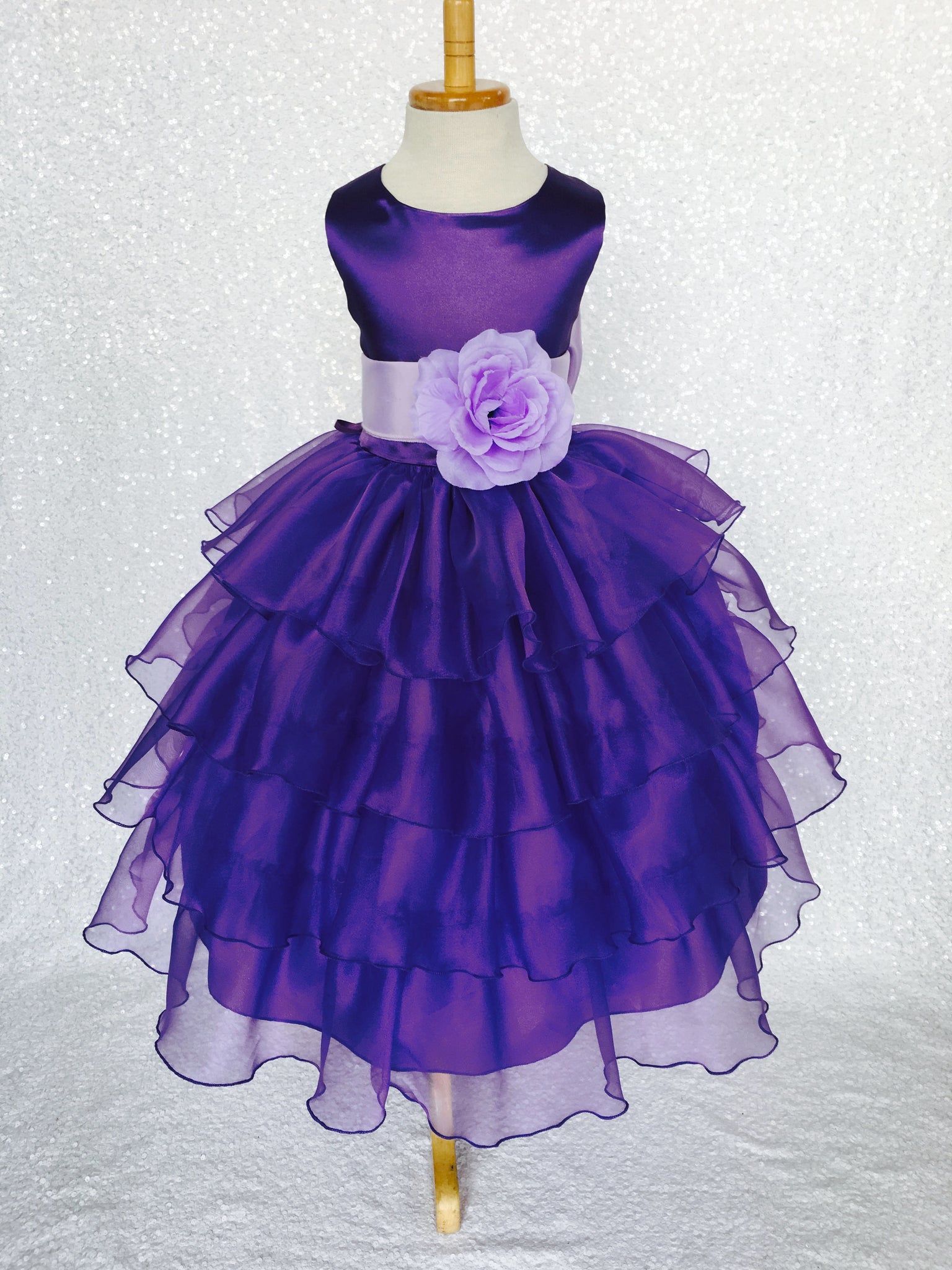 Purple Sleeveless Satin Organza Ruffle Dress