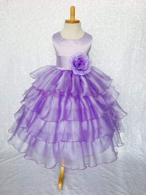 Lilac Sleeveless Satin Organza Ruffle Dress Plum Sash Flower